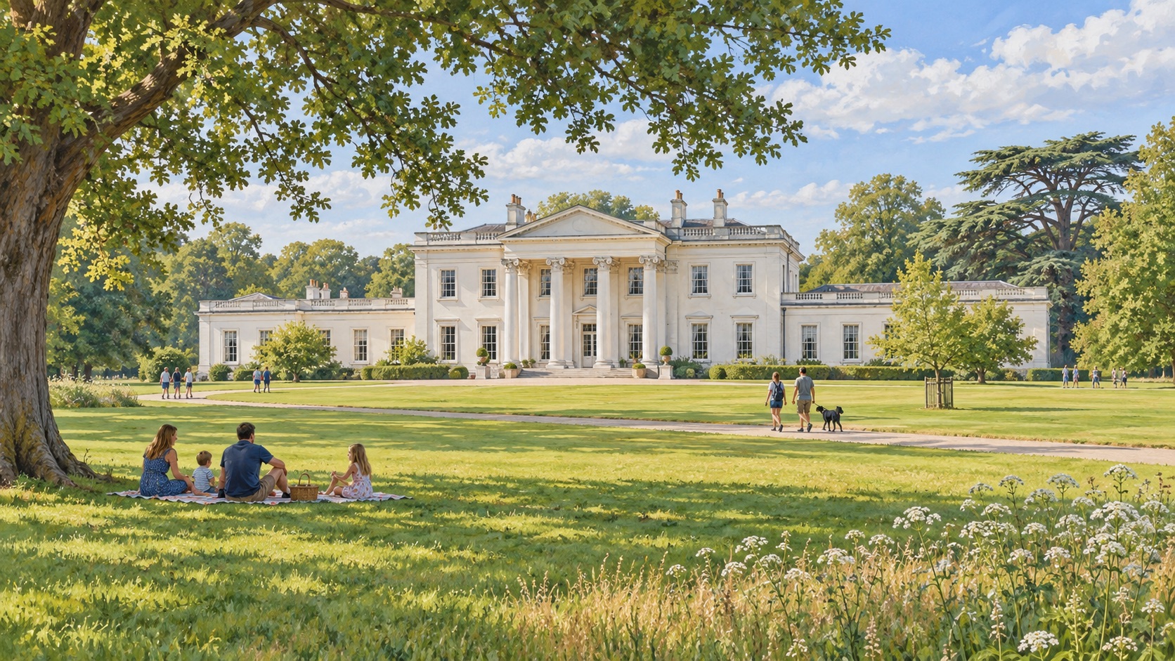 Artist's impression of Hylands House across the parkland near Chelmsford
